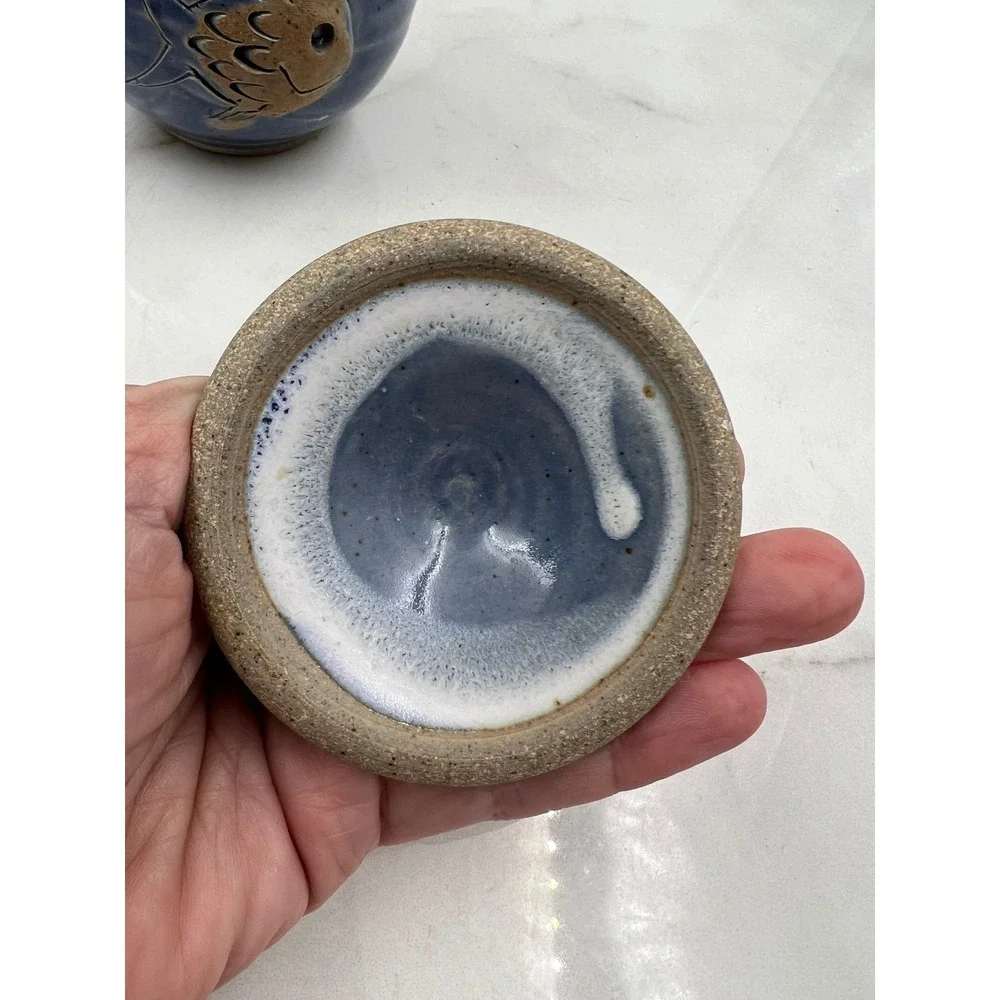 Studio Pottery Fish Canister Blue Glazed Stoneware Nautical Jar with Lid